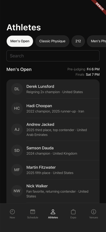 Olympia Weekend athletes screen listing competitors by division